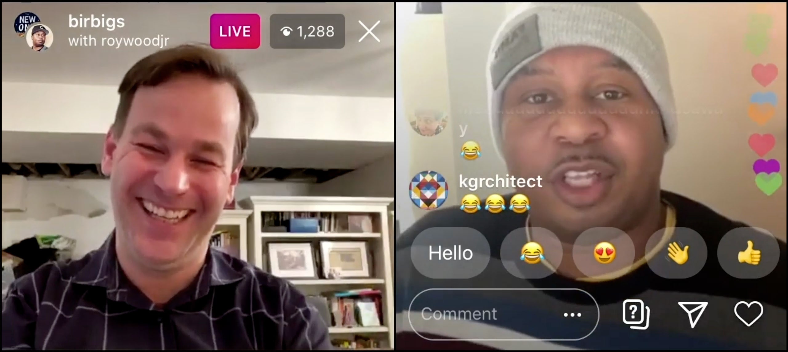 Mike Birbiglia and Roy Wood, Jr., on the Instagram Live show “Tip Your Waitstaff”